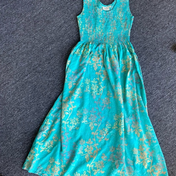 GO FISH Sleeveless Maxi Dress Women’s M - Smocked Teal Floral Handmade Boho Y2K - Picture 1 of 7